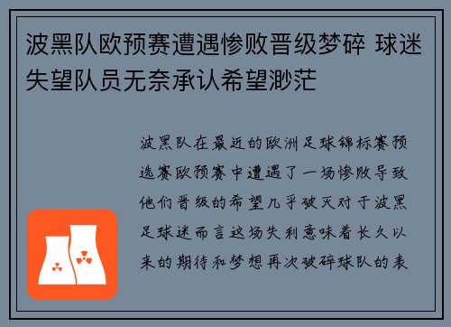 波黑队欧预赛遭遇惨败晋级梦碎 球迷失望队员无奈承认希望渺茫