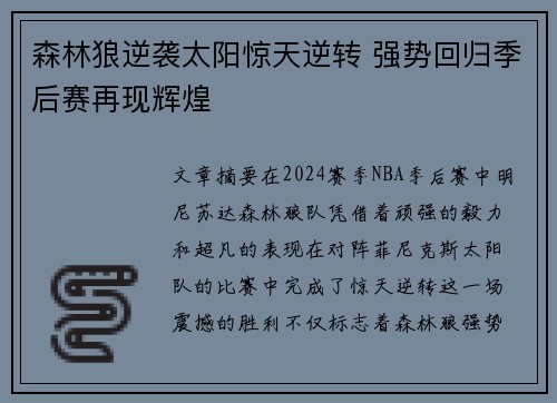 森林狼逆袭太阳惊天逆转 强势回归季后赛再现辉煌