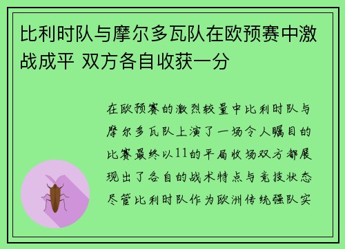 比利时队与摩尔多瓦队在欧预赛中激战成平 双方各自收获一分