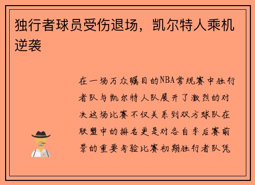 独行者球员受伤退场，凯尔特人乘机逆袭