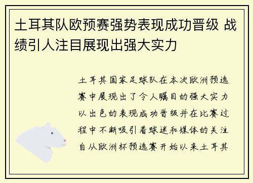 土耳其队欧预赛强势表现成功晋级 战绩引人注目展现出强大实力