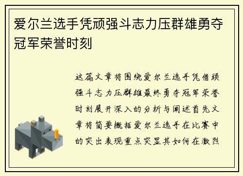 爱尔兰选手凭顽强斗志力压群雄勇夺冠军荣誉时刻